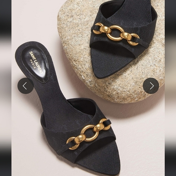 NEW$1050 Saint Laurent YSL Logo Gippy Chain Kitten-Heel Slide Sandal Mules Sz 37 - Picture 3 of 17